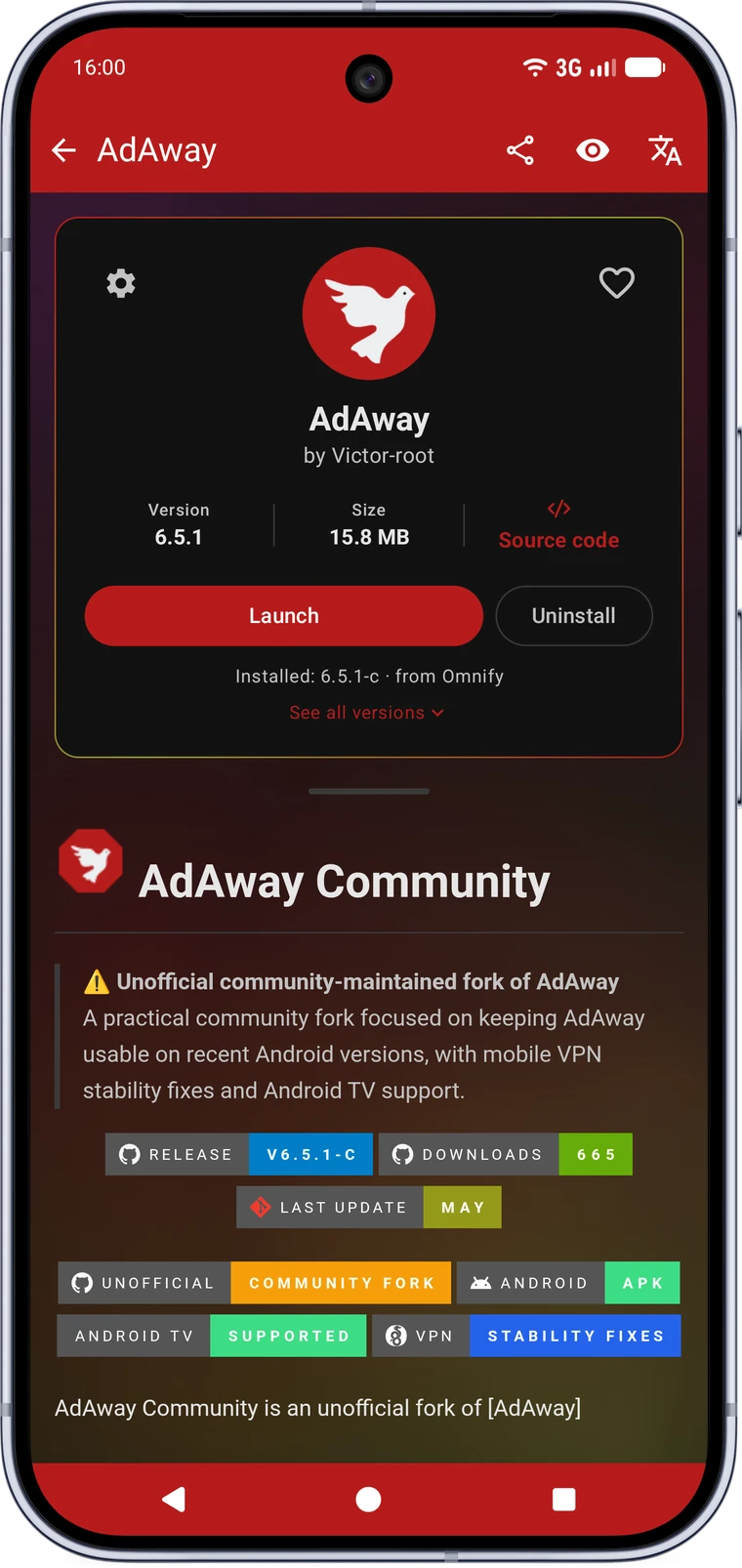 AdAway's page in Omnify, with its README