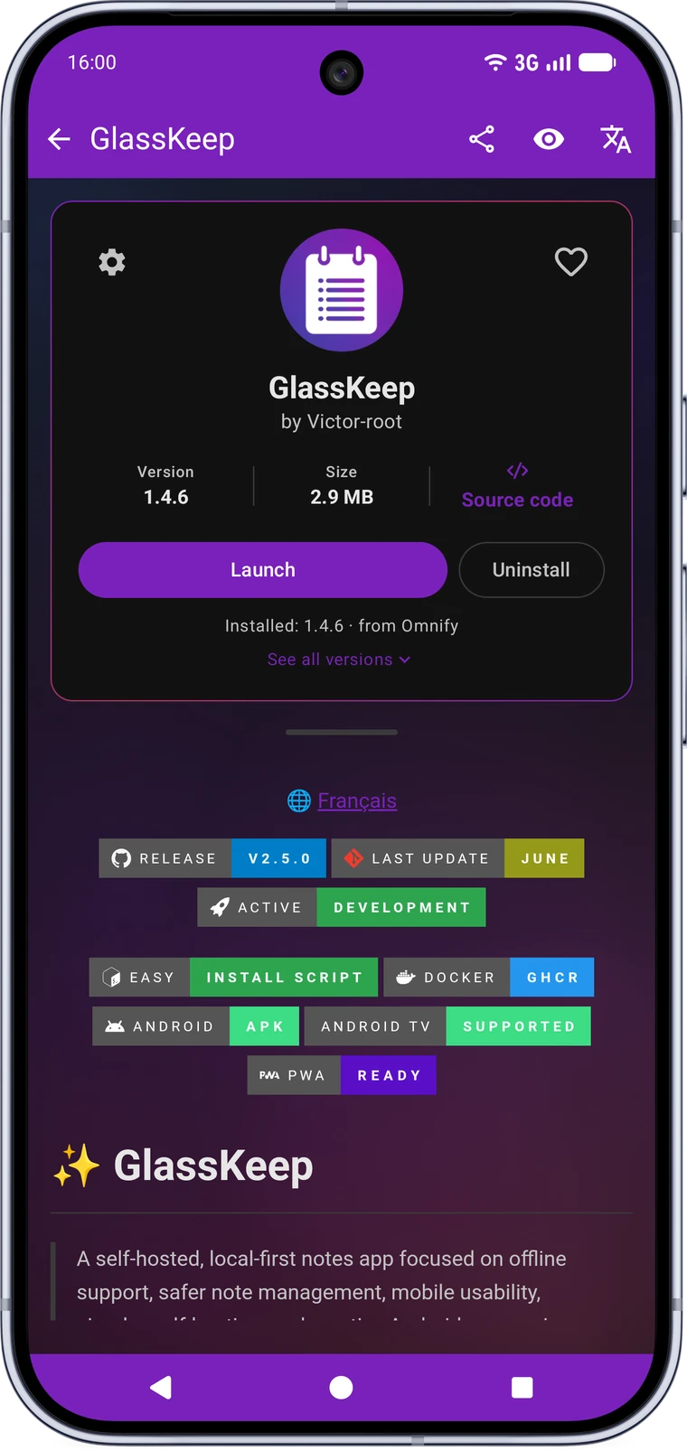 GlassKeep's page in Omnify, with its README